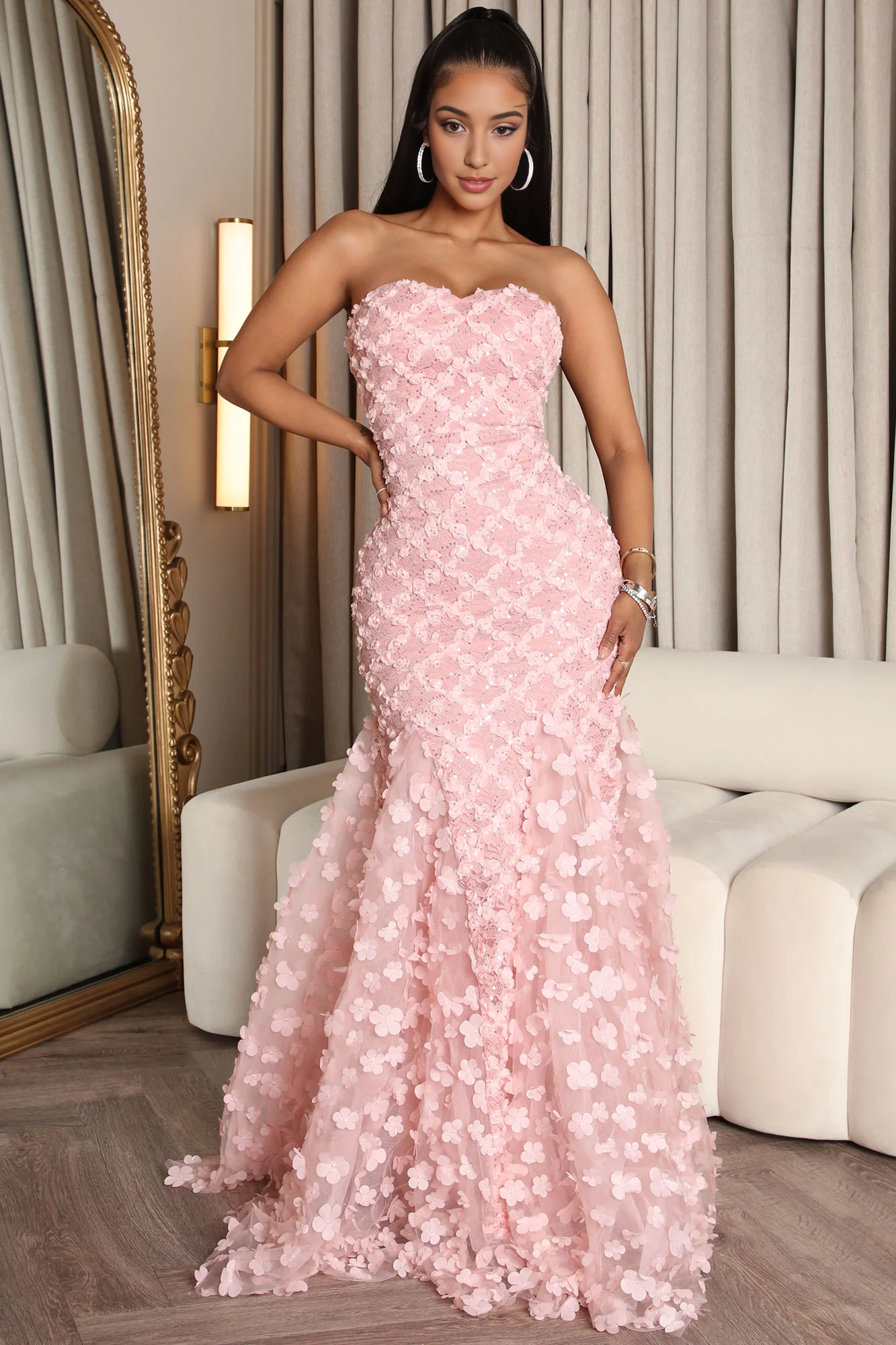 Weitese Dress Floral Maxi Gown Blush Off-the-Shoulder Long Mermaid Corset Strapless Party Dress