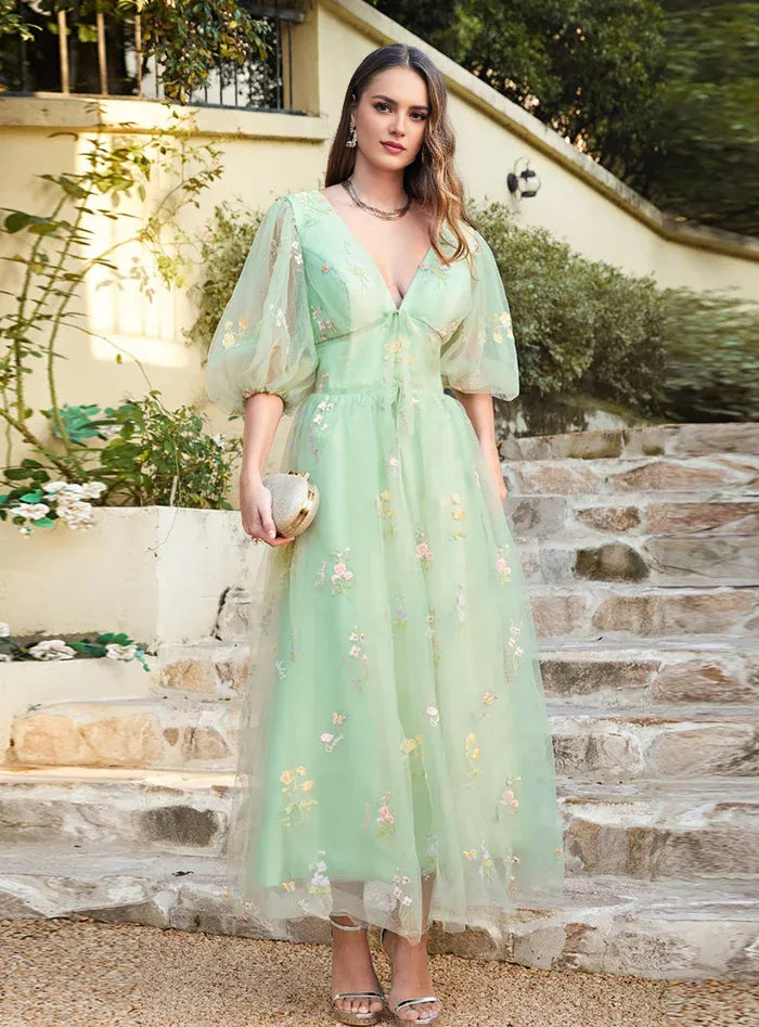 Weitese Dress Flowers V-neck A-line Backless Party Dresses With Sleeves Ankle Length Dress Prom Dress