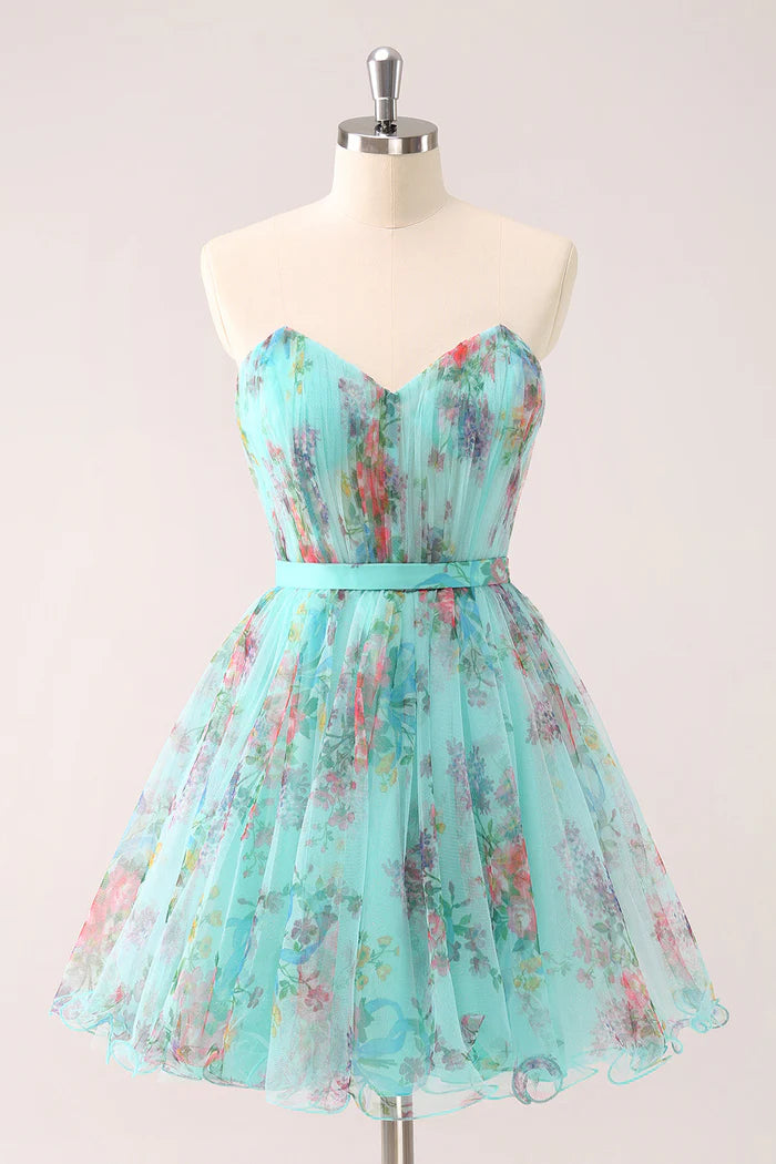 Weitese Dress Fluffy Strapless Green Floral Short Homecoming Dress Sleeveless Bow Party Dress