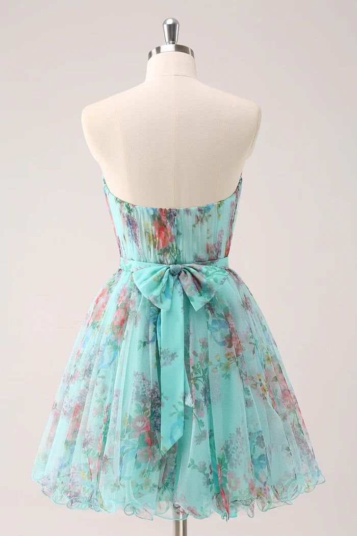 Weitese Dress Fluffy Strapless Green Floral Short Homecoming Dress Sleeveless Bow Party Dress