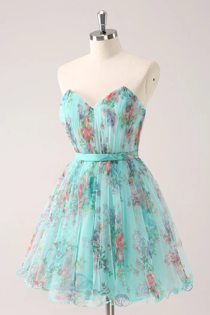 Weitese Dress Fluffy Strapless Green Floral Short Homecoming Dress Sleeveless Bow Party Dress
