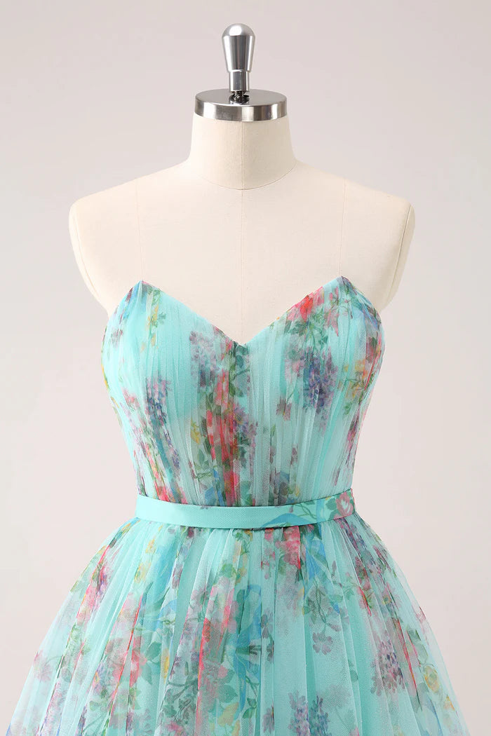 Weitese Dress Fluffy Strapless Green Floral Short Homecoming Dress Sleeveless Bow Party Dress