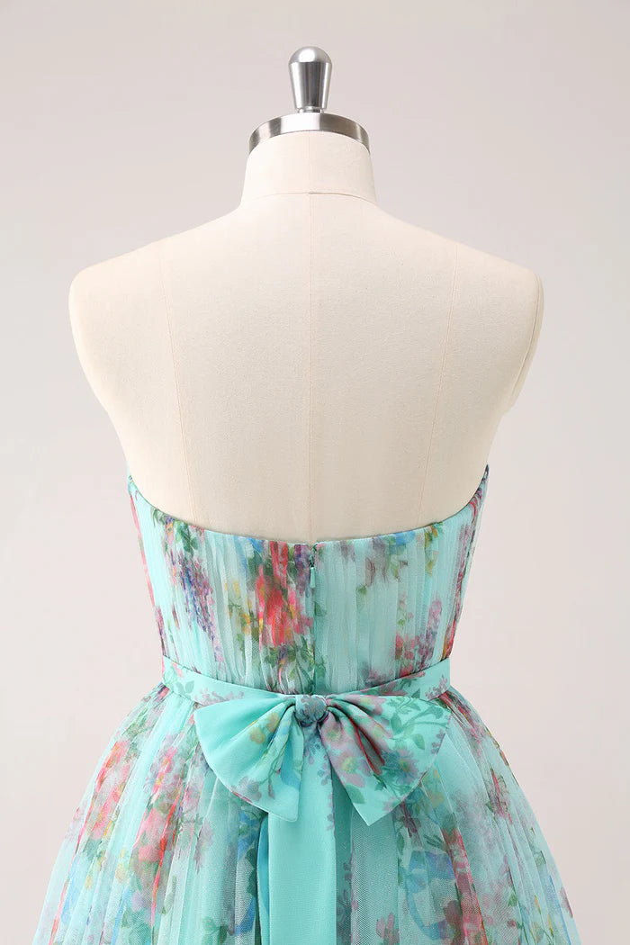 Weitese Dress Fluffy Strapless Green Floral Short Homecoming Dress Sleeveless Bow Party Dress