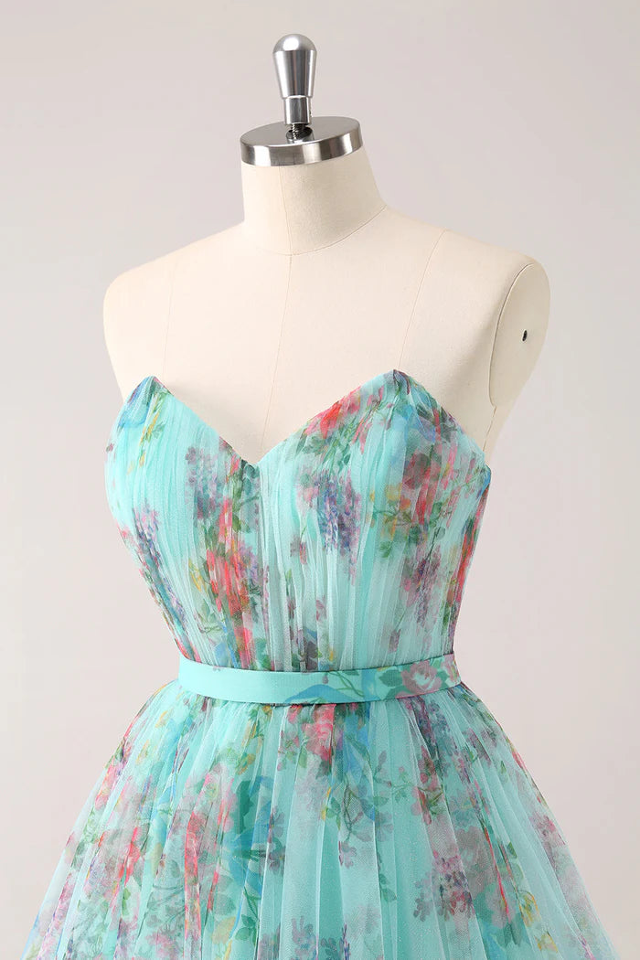 Weitese Dress Fluffy Strapless Green Floral Short Homecoming Dress Sleeveless Bow Party Dress