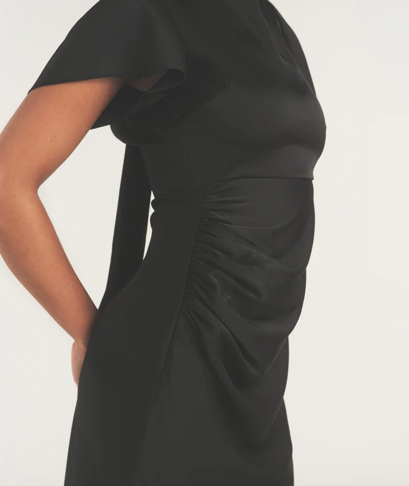 Weitese Dress Flutter Sleeve Tie Back Satin Bridesmaid Dress Black Pleated Solid Color Fashion Column Prom Dress