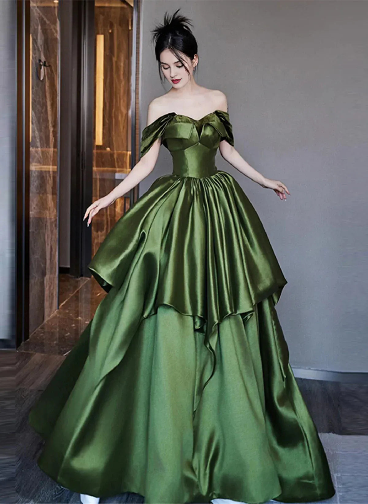 Weitese Dress Formal Women's Dresses A Line Green Satin Long Formal Dress Off Shoulder Princess Party Dress Prom Dress In Store