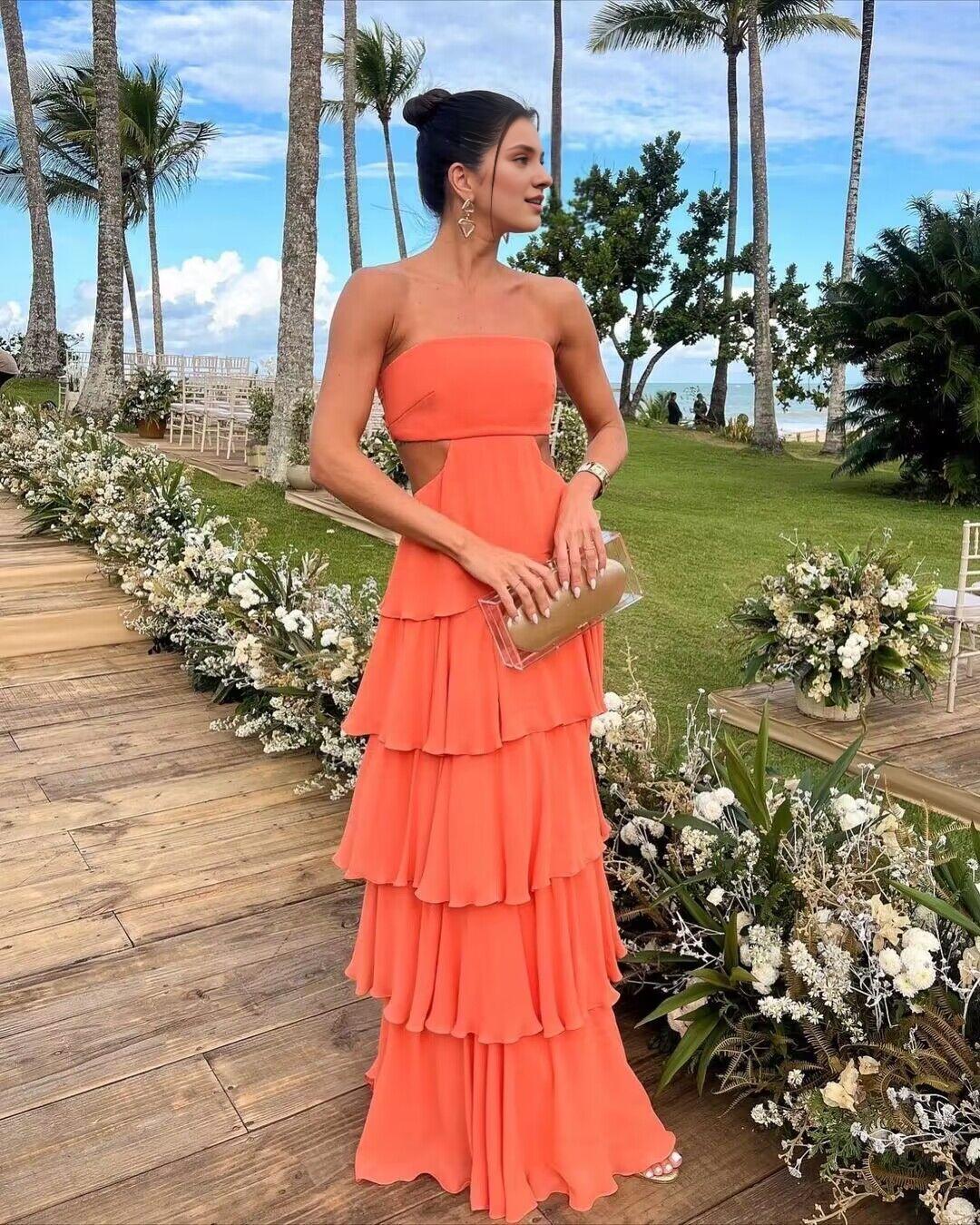 Vestido formal Weitese para mujer, sin tirantes, naranja, en capas, corte A, largo, para fiesta, graduación, tiendas. 