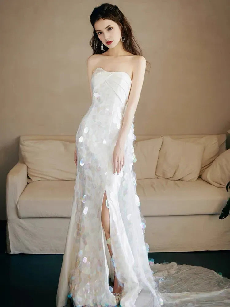 Vestido formal Weitese, vestidos de mujer sin tirantes, corte A, blanco, con lentejuelas, vestido largo de fiesta, vestido formal de fiesta, tiendas de vestidos de fiesta. 