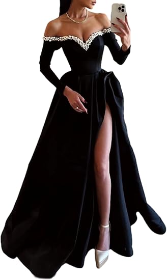 Weitese Dress Formal Women's Dresses A-Line Sexy Evening Dress Formal Prom Dress SweepBrush Train Long Sleeve Off Shoulder Satin with Pearls Slit Party dress Prom Dress Stores