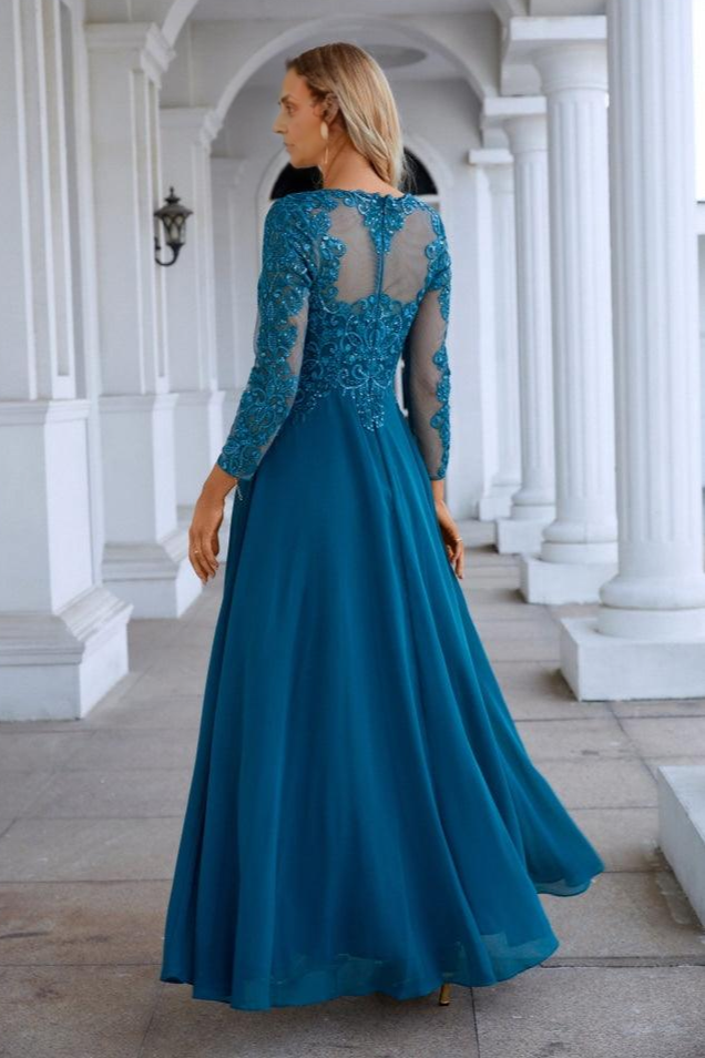 Vestido formal Weitese para mujer, de gasa, con encaje, manga larga, cuello redondo, para dama de honor, noche, boda, fiesta, graduación, noche, fiesta, vestidos de graduación, tiendas de vestidos de graduación 