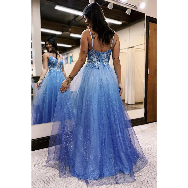 Vestido Weitese Vestidos Formales para Mujer Escote en V Apliques Tirantes Espagueti Brillo Tul Vestido Largo de Noche para Graduación Vestido de Fiesta Vestidos de Graduación Tiendas de Vestidos de Graduación 