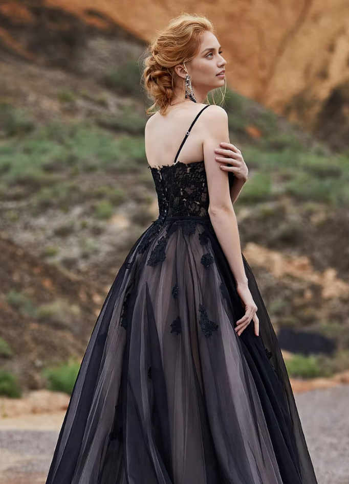 Vestido formal Weitese para mujer, vestido de novia negro con tirantes finos y apliques de encaje de color, vestido de novia de corte A, vestido de fiesta largo de gala, vestido de fiesta, tiendas de vestidos de graduación. 