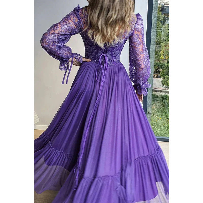 Vestido formal Weitese, vestidos de mujer únicos, escote redondo, encaje, mangas largas, corte A, vestido de noche formal, vestido de fiesta, vestidos de graduación, tiendas de vestidos de graduación 