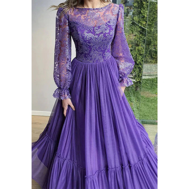 Weitese Dress Formal Women's Dresses Unique Scoop Lace Long Sleeves A-line Formal Evening Dress Party Dress Prom Dresses Prom Dresses Shops