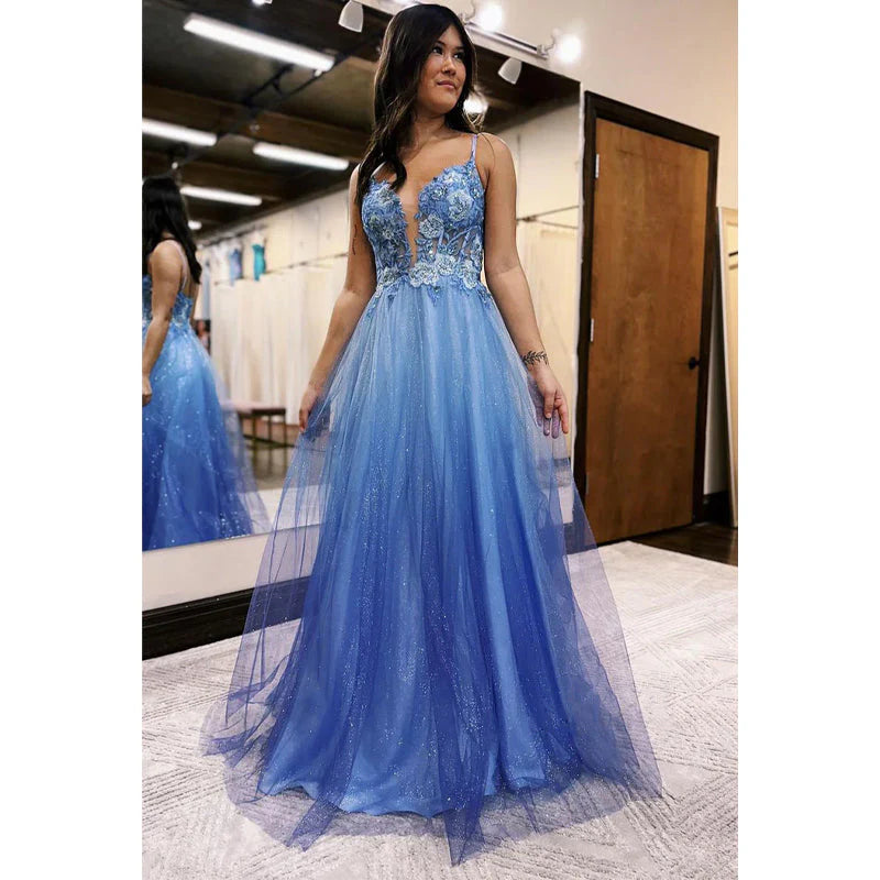 Weitese Dress Formal Women's Dresses V-neck Appliques Spaghetti Straps Glitter Tulle Long Prom Evening Dress Party Dress Prom Dresses Prom Dresses Shops