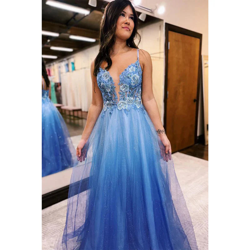 Weitese Dress Formal Women's Dresses V-neck Appliques Spaghetti Straps Glitter Tulle Long Prom Evening Dress Party Dress Prom Dresses Prom Dresses Shops