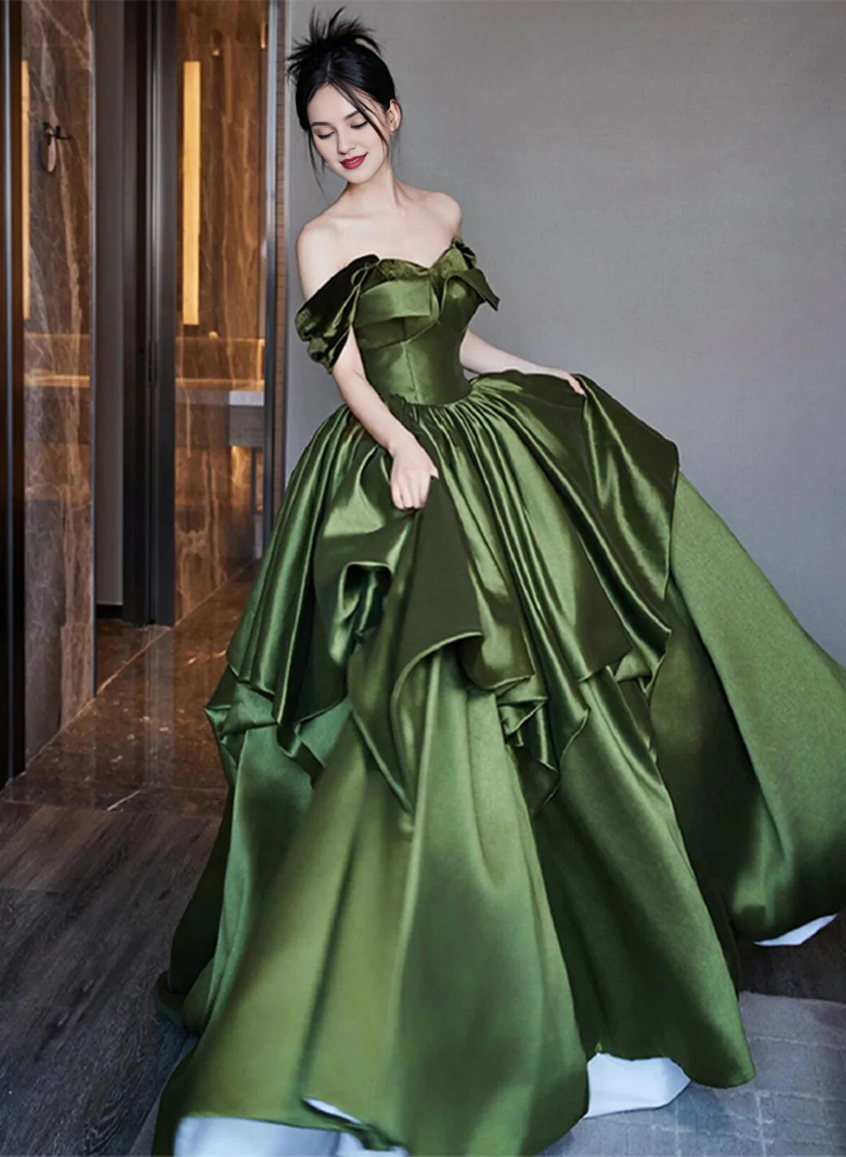 Weitese Dress Formal Women's Dresses A Line Green Satin Long Formal Dress Off Shoulder Princess Party Dress Prom Dress In Store
