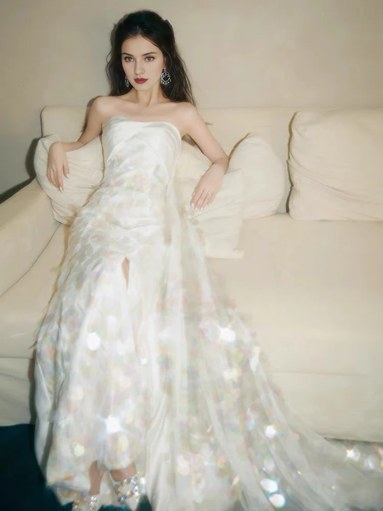 Weitese Dress Formal Women's Dresses Strapless A Line White Sequin Long Prom Dress Formal Party Dress Prom Dress Stores