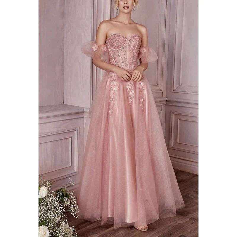 Weitese Dress Formal Women's Dresses Sweetheart Strapless Floral Appliqued Ruched Tulle A-Line Long Party Dress Prom Dresses Shops