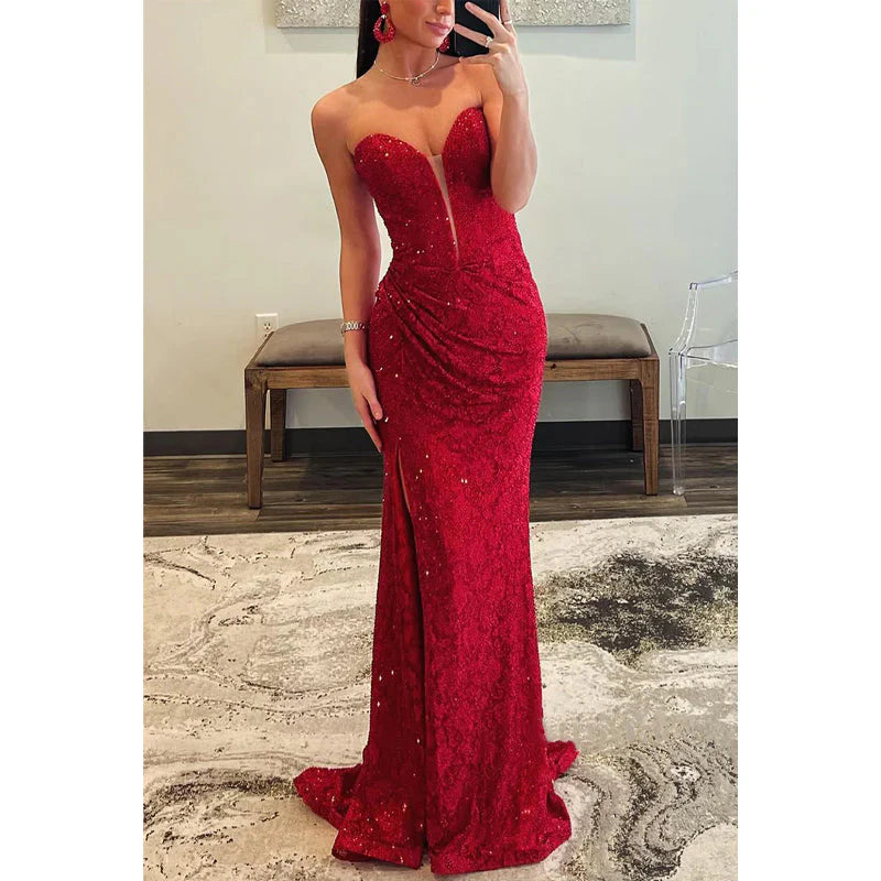 Vestido formal Weitese para mujer, escote corazón, sin tirantes, apliques de cuentas y abertura lateral, vestido de noche, vestido de fiesta, vestidos de graduación, tiendas. 