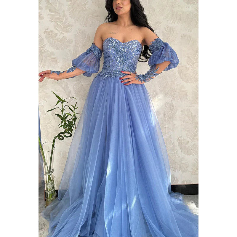 Weitese Dress Formal Women's Dresses Sweetheart Strapless Sequined Tulle A-Line Evening Dress Party Gown Prom Dresses Shops