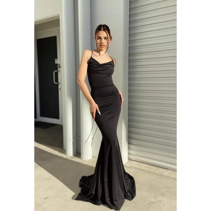 Vestido formal Weitese para mujer, corte trompeta, sirena, tirantes, satén, con cordones, sin mangas, para fiesta, graduación, tiendas. 