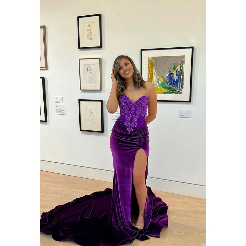 Vestido formal Weitese para mujer, corte trompeta, sirena, escote en V, sin mangas, abertura lateral, apliques, para noche, fiesta, graduación, tiendas. 