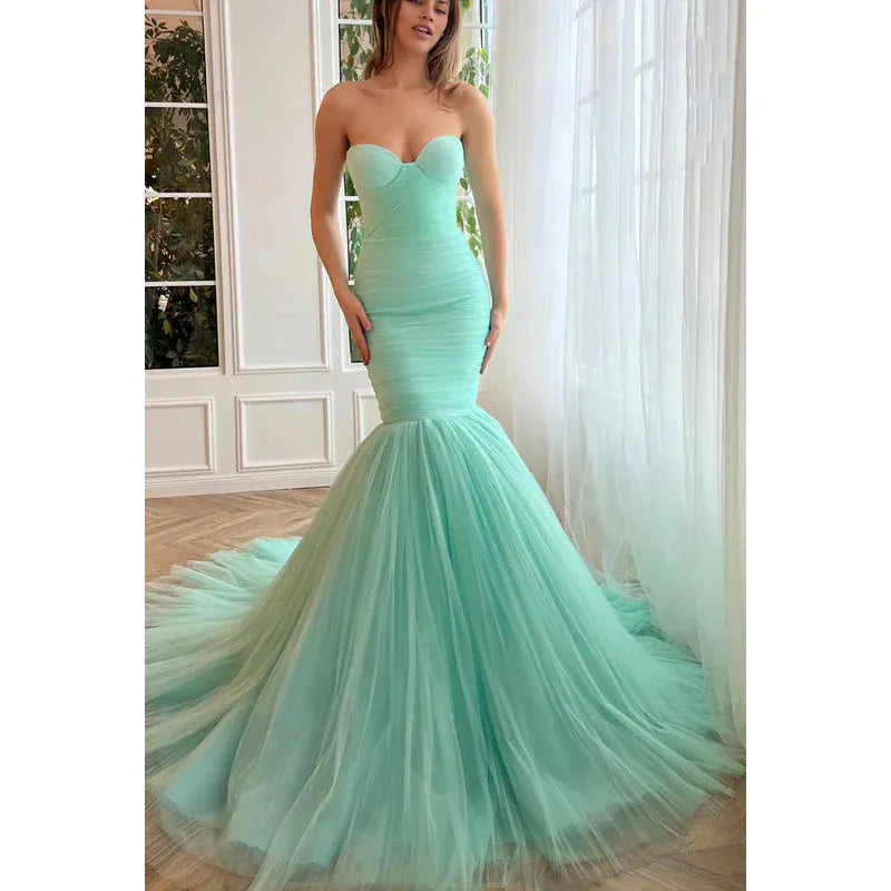 Weitese Dress Formal Women's Dresses Trumpet/Mermaid Strapless Tulle Zipper-Up Sleeveless Party Dress Prom Dresses Shops