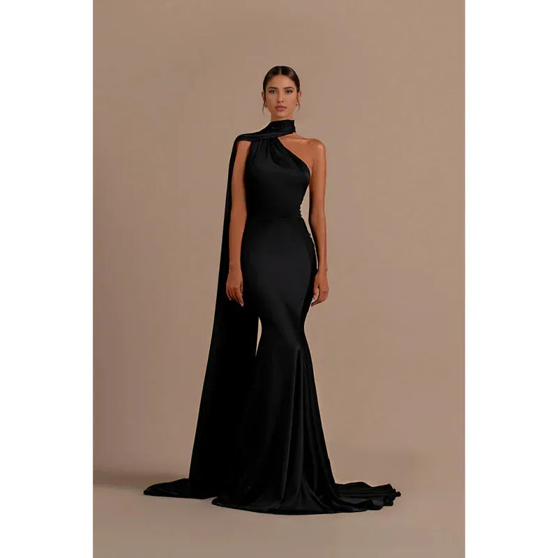 Vestido Weitese, vestidos formales para mujer, únicos, con pliegues tipo halter, negro, largo, formal, para fiesta, vestidos de graduación, tiendas de vestidos de graduación. 
