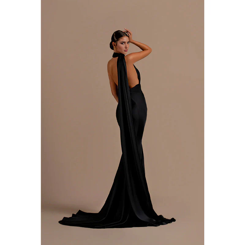 Vestido Weitese, vestidos formales para mujer, únicos, con pliegues tipo halter, negro, largo, formal, para fiesta, vestidos de graduación, tiendas de vestidos de graduación. 