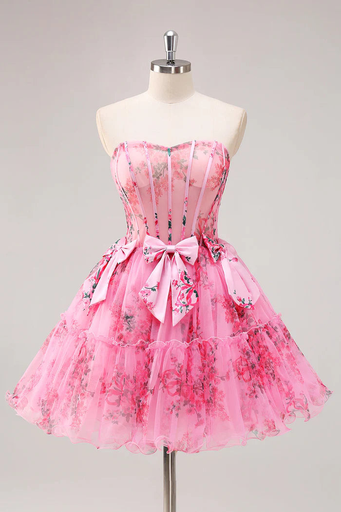 Weitese Dress Fuchsia A-Line Floral Corset Tulle Homecoming Dress Bows Strapless Party Dress