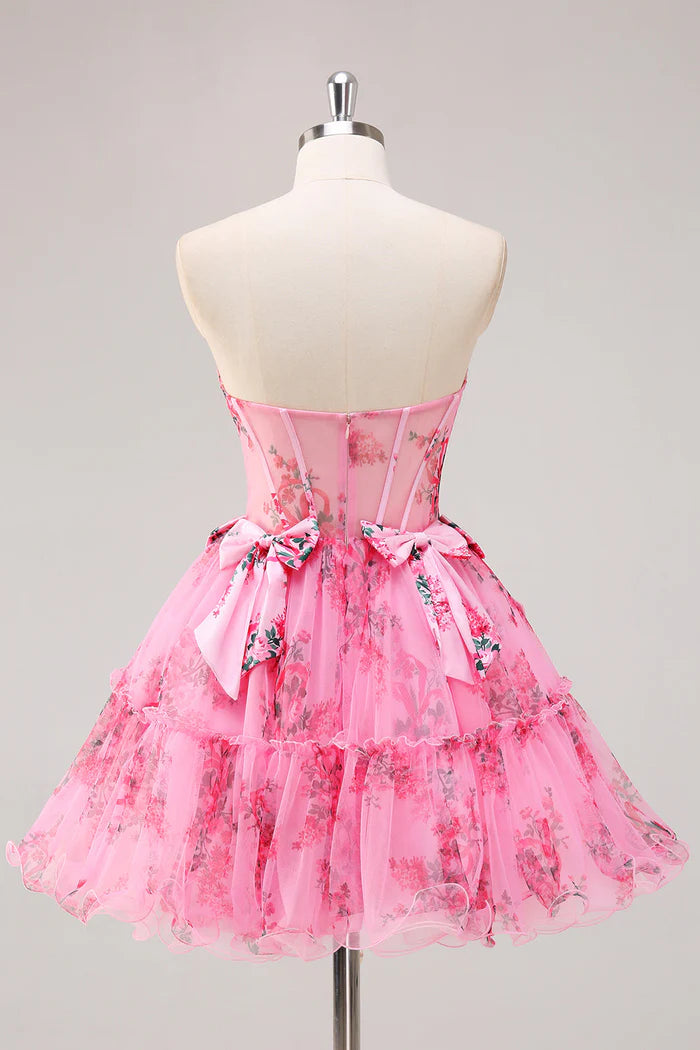 Weitese Dress Fuchsia A-Line Floral Corset Tulle Homecoming Dress Bows Strapless Party Dress