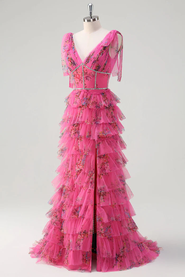 Robe Weitese fuchsia à fleurs, coupe trapèze, en tulle, robe longue, robe de bal, robe de soirée fendue, traîne courte 