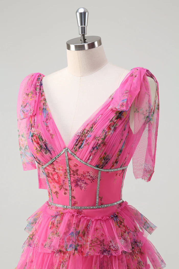 Robe Weitese fuchsia à fleurs, coupe trapèze, en tulle, robe longue, robe de bal, robe de soirée fendue, traîne courte 