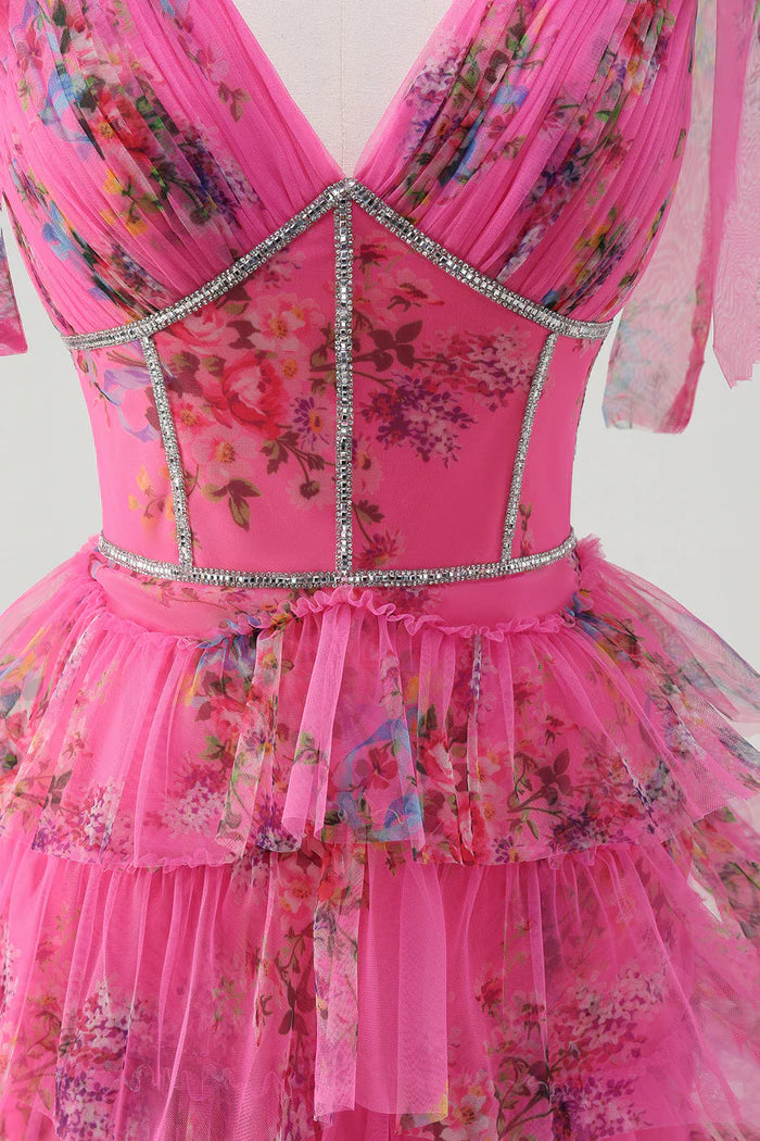 Robe Weitese fuchsia à fleurs, coupe trapèze, en tulle, robe longue, robe de bal, robe de soirée fendue, traîne courte 