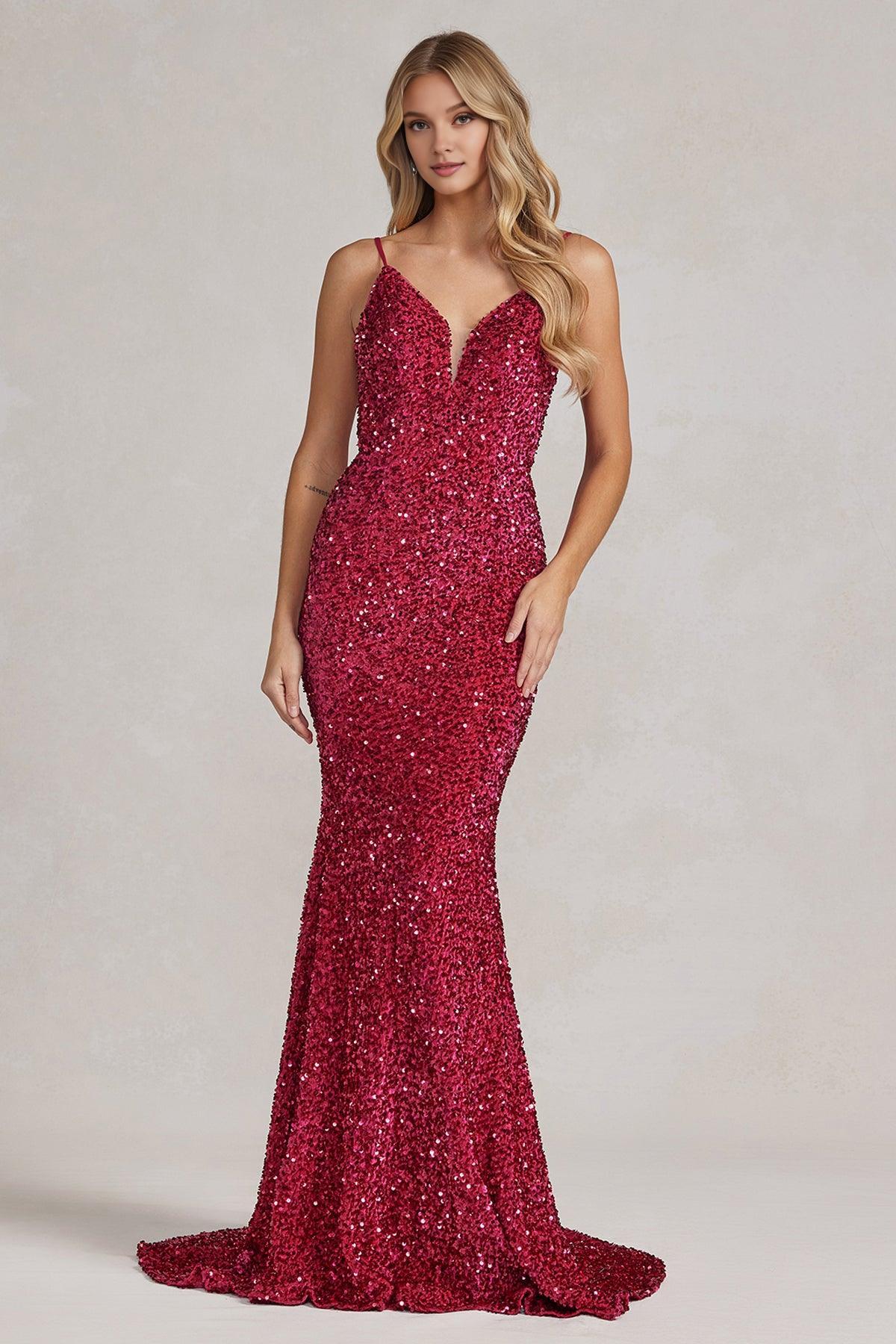 Weitese Dress Fuchsia Spaghetti Straps Sleeveless V Back V Neck Evening Dress Luxury Sequins Sweep/Brush Train Prom Dress