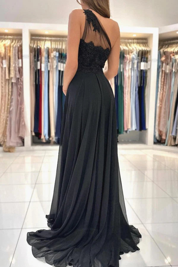 Weitese Dress Glamorous One Shoulder Black Party Dress A-Line With Lace Prom Dress