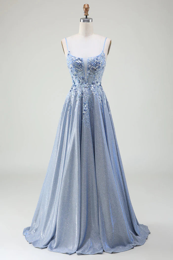 Robe Weitese à paillettes, coupe trapèze, bretelles spaghetti, gris et bleu, robe de soirée longue sans manches avec appliques, robe de bal 