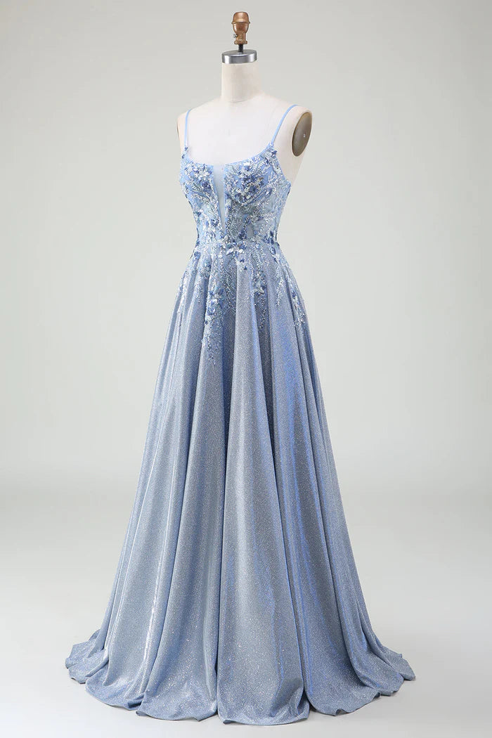 Robe Weitese à paillettes, coupe trapèze, bretelles spaghetti, gris et bleu, robe de soirée longue sans manches avec appliques, robe de bal 
