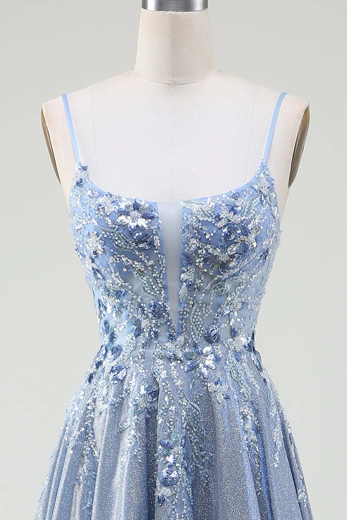Robe Weitese à paillettes, coupe trapèze, bretelles spaghetti, gris et bleu, robe de soirée longue sans manches avec appliques, robe de bal 