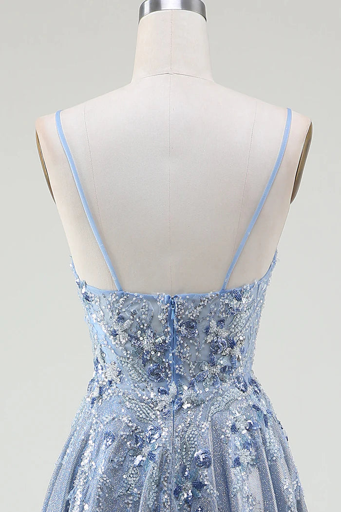 Robe Weitese à paillettes, coupe trapèze, bretelles spaghetti, gris et bleu, robe de soirée longue sans manches avec appliques, robe de bal 