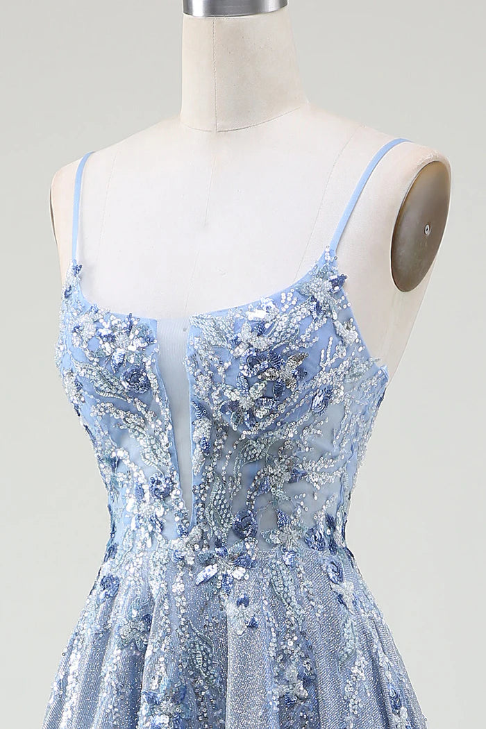 Robe Weitese à paillettes, coupe trapèze, bretelles spaghetti, gris et bleu, robe de soirée longue sans manches avec appliques, robe de bal 