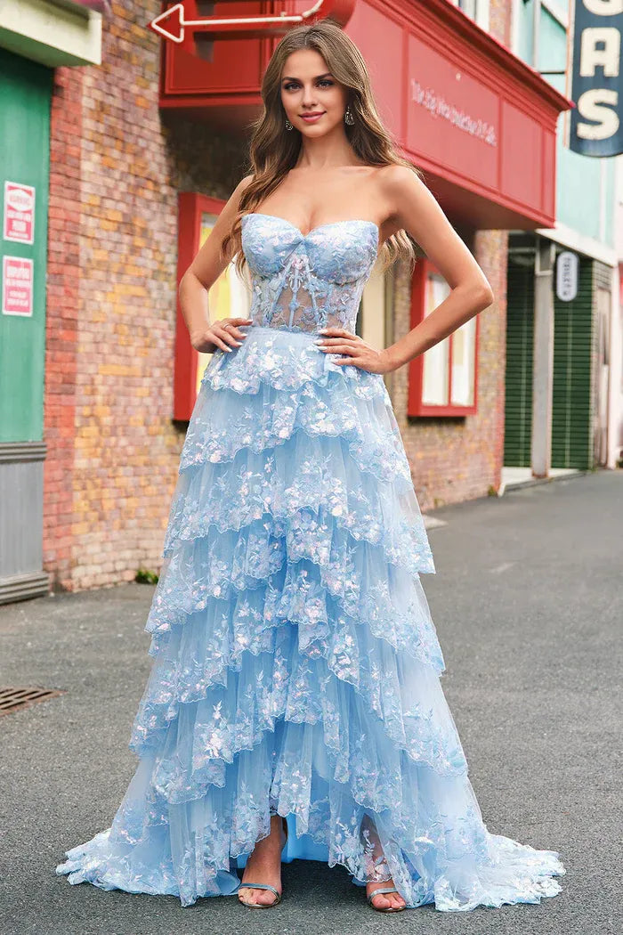 Robe Weitese bleu pailleté, coupe trapèze, bustier, corset, robe longue à volants, robe de bal avec paillettes, robe de soirée 