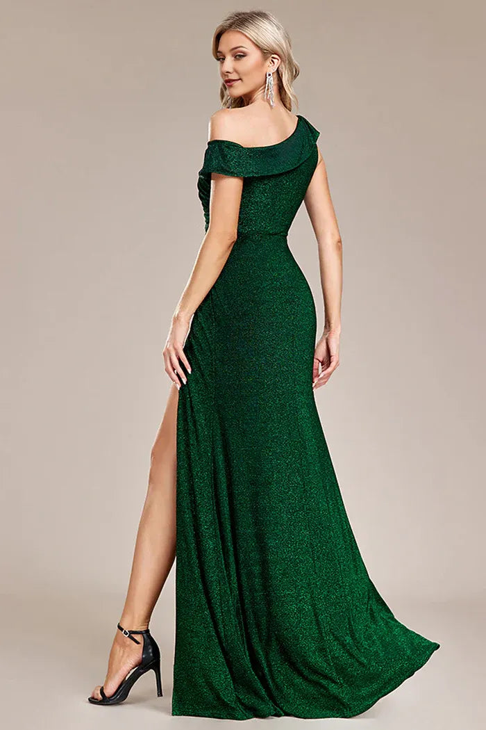 Weitese Dress Glitter Dark Green Mermaid One Shoulder Party Dress Maxi Dress With Slit Prom Dress