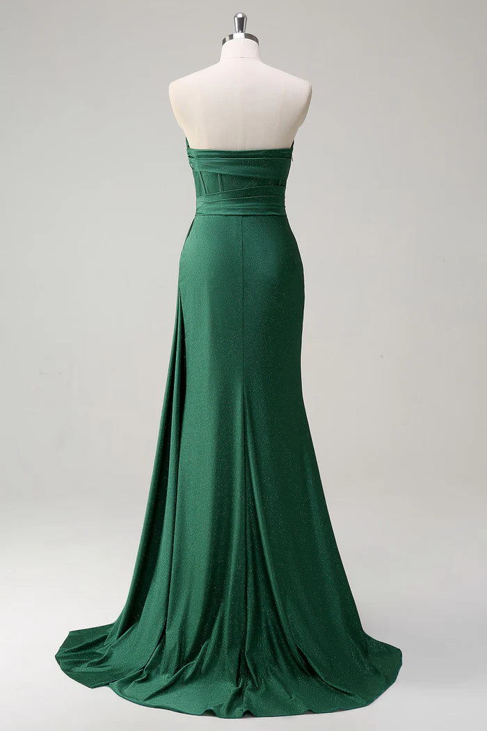 Weitese Dress Glitter Dark Green Strapless Mermaid Long Party Dress Maxi Dress Sleeveless With Slit Prom Dress