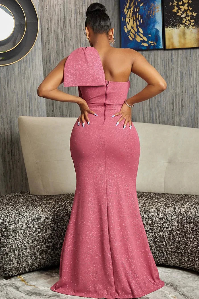 Vestido Weitese con purpurina, un hombro, lazo, decoración, espalda descubierta, abertura alta, ajustado, maxivestido de fiesta, sin mangas, cola larga, vestido de noche 