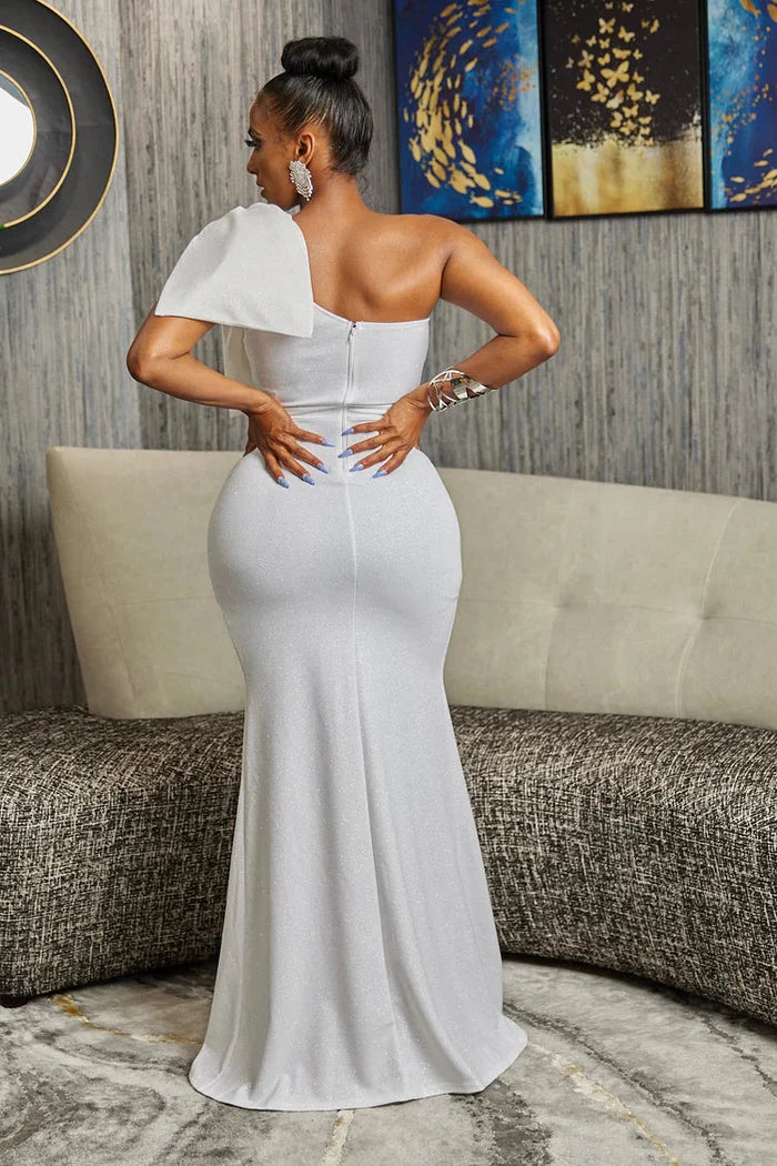 Vestido Weitese con purpurina, un hombro, lazo, decoración, espalda descubierta, abertura alta, ajustado, maxivestido de fiesta, sin mangas, cola larga, vestido de noche 