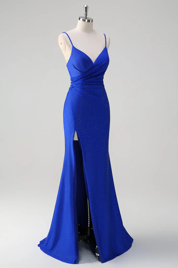 Weitese Dress Glitter Royal Blue Mermaid Spaghetti Straps Ruched Maxi Dress Prom Dress Slit Sweep Brush Train Evening Dress