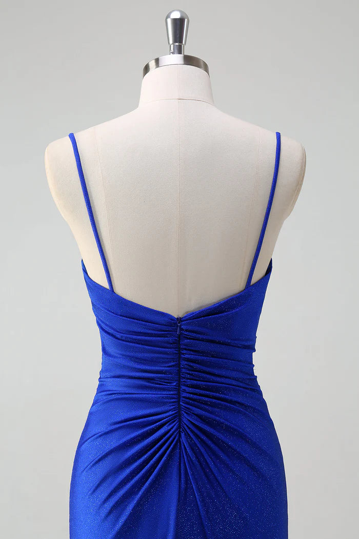 Weitese Dress Glitter Royal Blue Mermaid Spaghetti Straps Ruched Maxi Dress Prom Dress Slit Sweep Brush Train Evening Dress