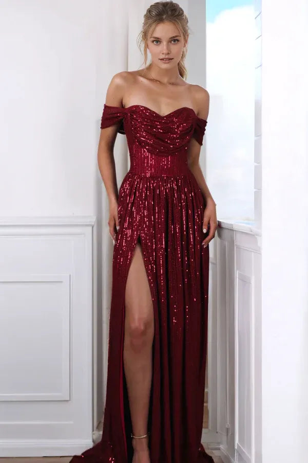 Weitese Dress Glitter & Sparkly A-Line Detachable Off Shoulder Sleeveless Fully Sequins Prom Party Dress High Side Slit and Train Back Zipper Formal Evening Gown